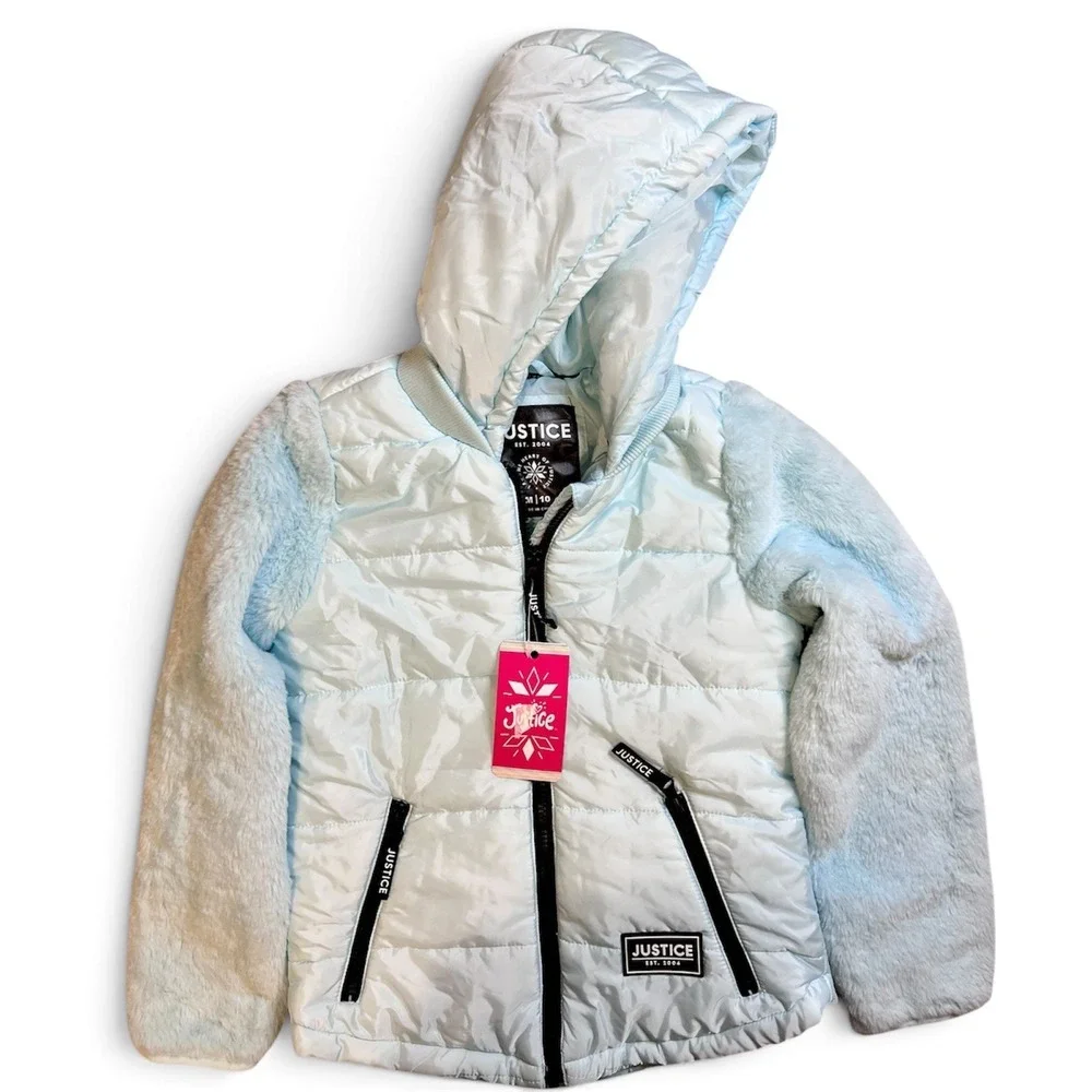 Justice Mixed Media Jacket Size 10 Aqua Breeze NWT Faux Fur Puffer Hooded 756987